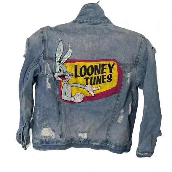 Zara & Looney Tunes Girls Distress Denim  Jacket  Size 8 Bugs Bunny - Picture 1 of 12